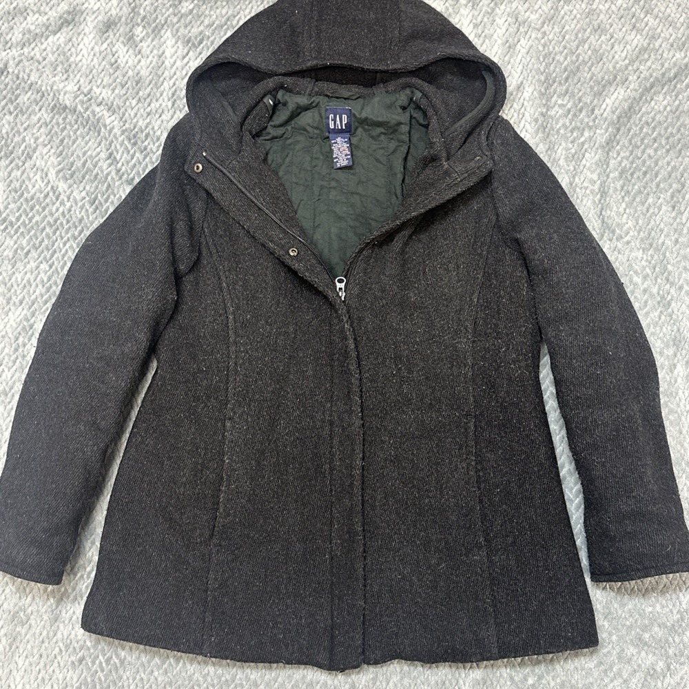 GAP Wool Coat Women's Medium Quilted Lining Hooded Full Zip Jacket - Picture 1 of 11